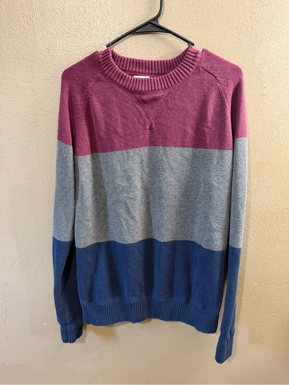 Mossimo Supply Co. Plum, Gray & Navy Colorblock Crewneck Sweater
